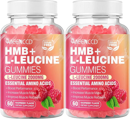MEENCCD 2 Pack HMB and L-Leucine Gummies, HMB and Leucine Amino Acid for Muscle Growth, Muscle Maintenance, and Muscle Function, for Men & Women, Sugar-Free, Raspberry Flavor, 120 Count