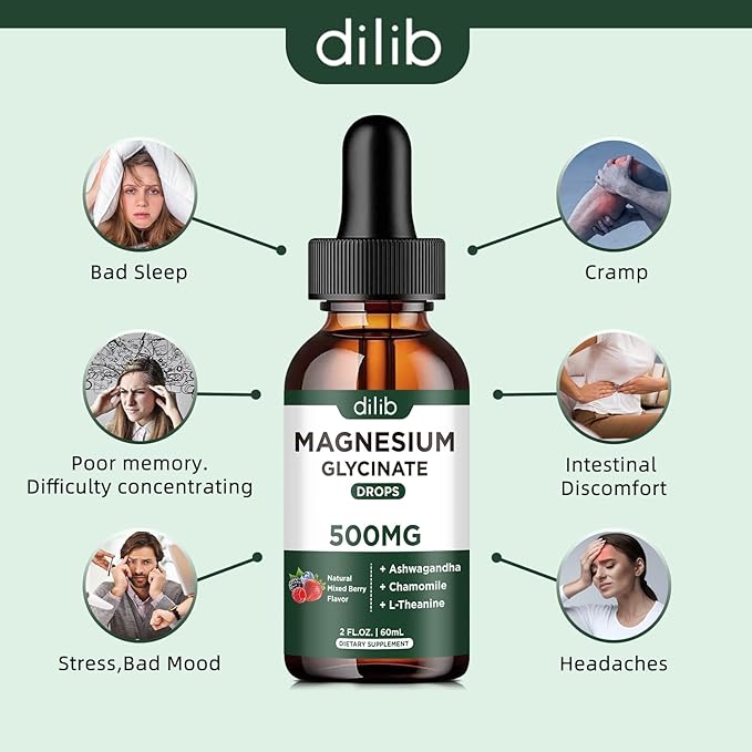 Magnesium Glycinate Liquid Drops Supplement, with Magnesium Glycinate 500mg Ashwagandha, L - Theanine, Chamomile -Support Stress Relief, Bone, Muscle, Mood Mixed Berry Flavor 2Pack