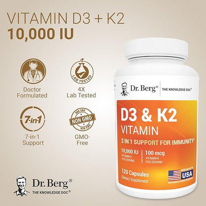 Dr. Berg Maximum Strength 2-in-1 Vitamin D3 K2 10,000 IU | Naturally Derived D3 | 4X Lab-Tested & Verified | High Absorption Formula | K2 D3 Vitamin Supplement - 120 Capsules