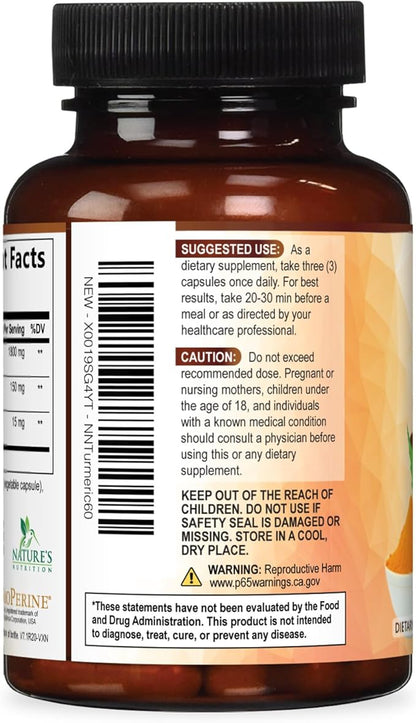 Turmeric Curcumin Supplement - 95% Curcuminoids with Organic Turmeric & BioPerine Black Pepper for Best Absorption - Daily Joint & Immune Health Support, Vegan, Non-GMO, Bottled in USA - 60 Capsules
