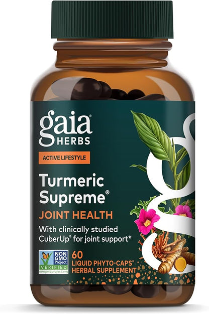 Gaia Herbs Turmeric Supreme Joint Health - Joint Support Supplement with Cucumber, Quercetin, Black Pepper, Ginger Root, Curcuminoids & More* - 60 Liquid Phyto-Caps (30 Servings)