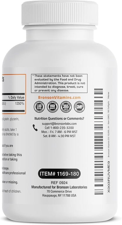 Bronson Vitamin D3 10,000 IU (250 mcg) High Potency - Supports Healthy Immune System, Strong Bones, Muscles & Teeth - Non GMO, 180 Softgels