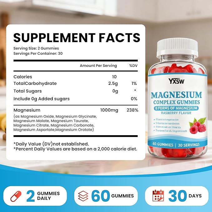 Magnesium Complex Gummies 8 Elemental 1000mg - Magnesium Glycinate, Citrate, Malate, Taurate, Supports Bones, Muscle, Nerve Health, for Women & Men, Vegan Non-GMO, Raspberry Flavor, 120 Count