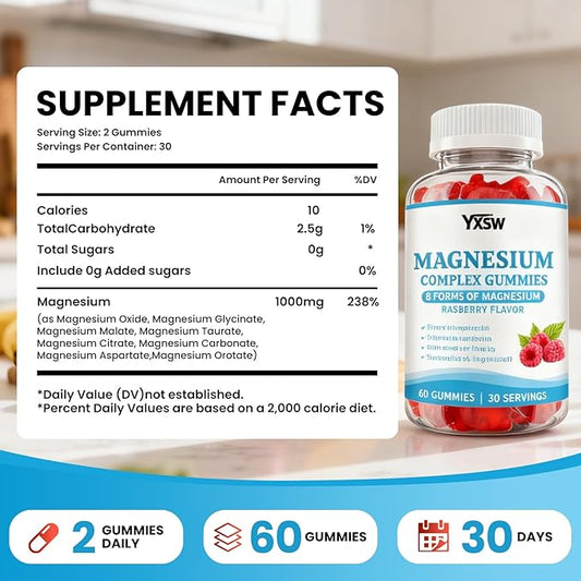 Magnesium Complex Gummies 8 Elemental 1000mg - Magnesium Glycinate, Citrate, Malate, Taurate, Supports Bones, Muscle, Nerve Health, for Women & Men, Vegan Non-GMO, Raspberry Flavor, 120 Count