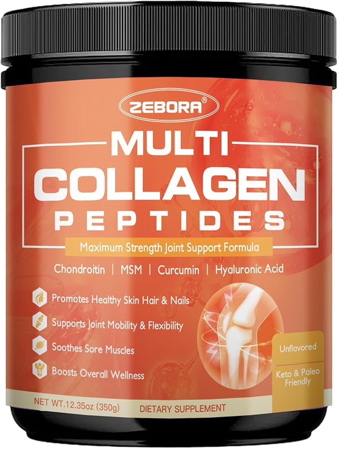 ZEBORA Multi-Collagen-Peptides-Powder with MSM & CS for Joint, Type I II III V X Hydrolyzed Collagen Peptides with Hyaluronic Acid & Vitamin C for Women and Men Hair, Skin, Nails, Non-GMO, 35 Servings