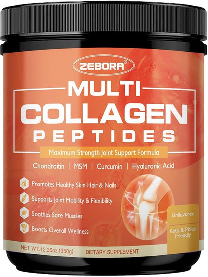 ZEBORA Multi-Collagen-Peptides-Powder with MSM & CS for Joint, Type I II III V X Hydrolyzed Collagen Peptides with Hyaluronic Acid & Vitamin C for Women and Men Hair, Skin, Nails, Non-GMO, 35 Servings