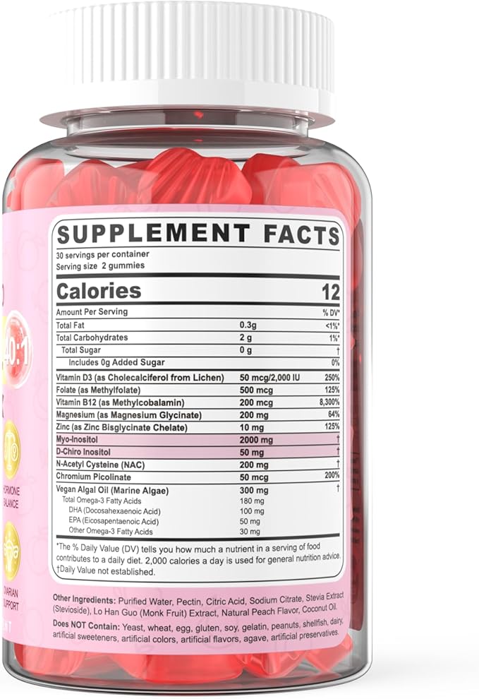 Myo-Inositol & D-Chiro Inositol Gummies Sugar Free, Ideal 40:1 Ratio Inositol Supplement for Women w/ Vegan Omega-3, D3, Magnesium, Methyl Folate, B12, Inositol Multivitamin for Women's Overall Health