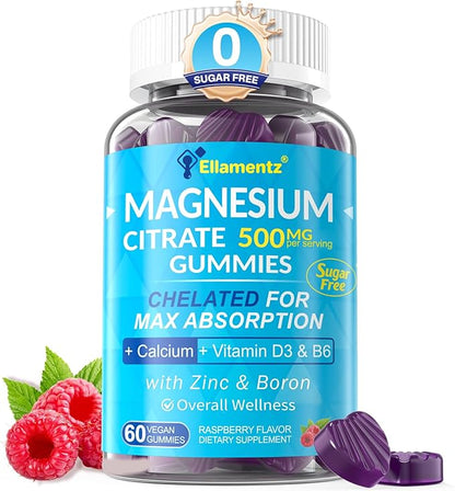 Sugar Free Magnesium Citrate Gummies 500mg for Women Men, Chelated Magnesium Supplement with B6 for Constipation | Calm Magnesium Gummies for Mood | Calcium Magnesium Zinc D3 Gummy for Bone & Muscle