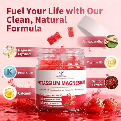 2 Pack Potassium Magnesium Gummies, Sugar Free Potassium Supplement Magnesium Glycinate 500mg, Ashwagandha, Vitamins D3, C, B6, Calcium & Zinc for Sleep, Leg Cramps & Muscle Relaxation-120 Count