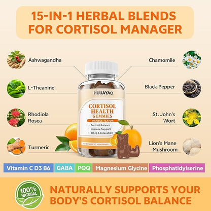 15-in-1 Cortisol Gummies, Cortisol Supplements with Magnesium Glycinate Ashwagandha Rhodiola Rose and L-theanine Complex for Relaxation, Zzz Support and Cortisol Levels, Orange Flavor, 60 Count