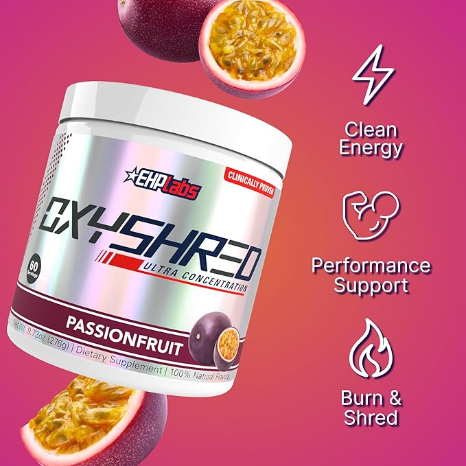 EHP Labs OxyShred Pre Workout Powder & Shredding Supplement - Preworkout Powder with L Glutamine & Acetyl L Carnitine, Energy Boost Drink - Passionfruit, 60 Servings