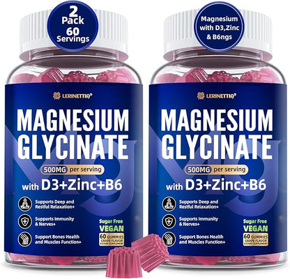 Magnesium Glycinate 500mg/250mg for Adults Teens - Plus D3,B6 & Zinc - Magnesium Glycinate Gummies,High Absorption - Support for Relaxation,Brain,Bone & Immunity Health - Sugar Free - 120Cts