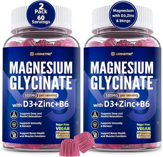 Magnesium Glycinate 500mg/250mg for Adults Teens - Plus D3,B6 & Zinc - Magnesium Glycinate Gummies,High Absorption - Support for Relaxation,Brain,Bone & Immunity Health - Sugar Free - 120Cts