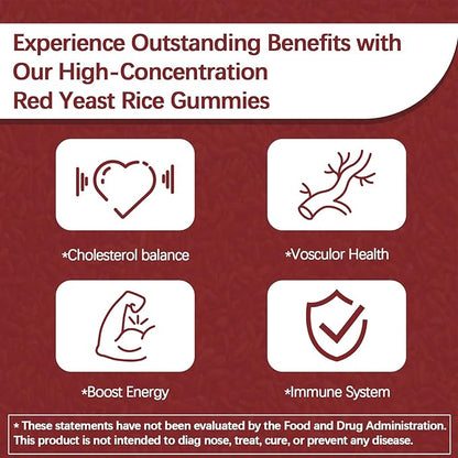 Premium Red Yeast Rice with CoQ10 Gummies for Heart & Cholesterol Support | Sugar Free, Strawberry Flavor | 60 Gummies (30 Day Supply) | Vegan, Non-GMO