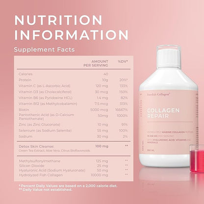 Swedish Collagen Repair | 10,000 mg Hydrolyzed Marine Collagen Liquid Supplement - 500 ml, 20 Day Supply I Hyaluronic Acid, Biotin & Vitamin C for Healthy Hair, Skin, Nails & Joints | Sugar-Free