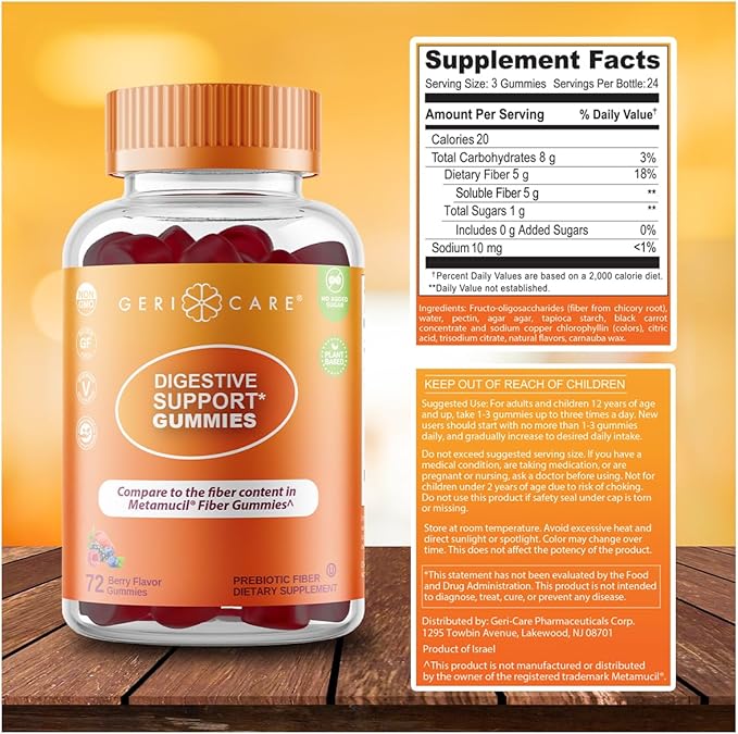 GeriCare Prebiotic Digestive Support, Gummies Compare to Metamucil Fiber Gummies, Berry Flavor, 72 Count, Plant-Based Fiber for Gut Health, Non-GMO, Gluten-Free, Vegan, Fiber Supplement