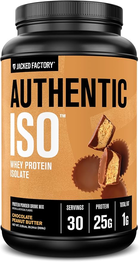 Jacked Factory Authentic ISO Whey Protein Isolate Powder - Low Carb, Non-GMO Muscle Building Protein w/No Fillers, Post Workout Recovery - 30 Servings, Chocolate Peanut Butter