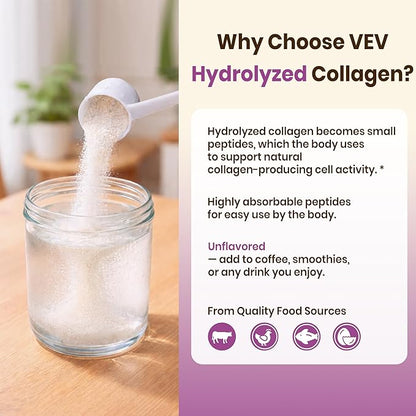 VEV Multi Collagen Peptides Powder, 16 oz (41 Servings) – Type I, II, III, V, X, Hydrolyzed Collagen, Hyaluronic Acid, Biotin, Vitamin C, Supports Skin, Unflavored, Dissolves Easily