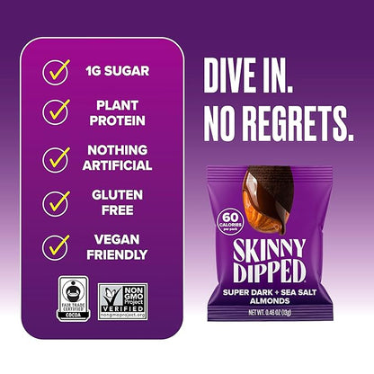 SkinnyDipped Super Dark Chocolate + Sea Salt Almonds, Vegan, Healthy Snack, Plant Protein, Gluten Free, 0.46 oz Mini Bags, Pack of 24