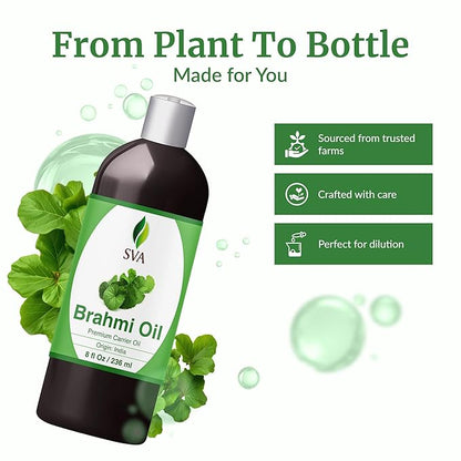SVA Brahmi Oil - 8 Fl Oz – 100% Natural Cold Pressed Brahmi Oil - for Face, Skin Care, Hair Care, Scalp Massage & Body Massage – Carrier Oil with Pump