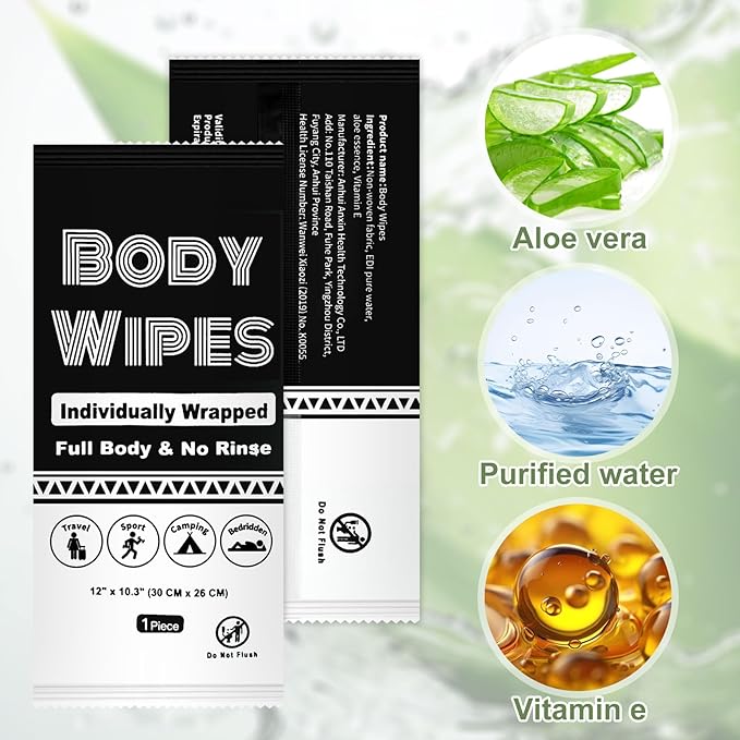 Individually Wrapped Body Wipes Bulk Bath Wipe, Women Men Large Adult Disposable Body Shower Wipes No Rinse-Free Bathing Cloths Wipe for Outdoors After Gym Camping Travel (50, Black, 12 x 10.3 in)