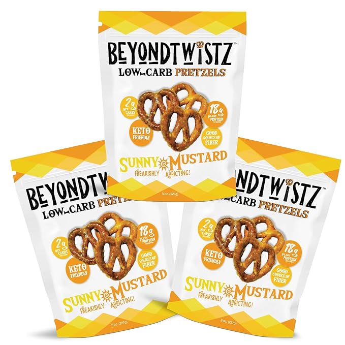 BeyondTwistz Low Carb Pretzels, Sunny Mustard, Keto Friendly, 2g Net Carbs, 18g Protein, Powered By HealthSense® High Fiber Wheat Flour, Family Size 8oz Bag, Pack of 3