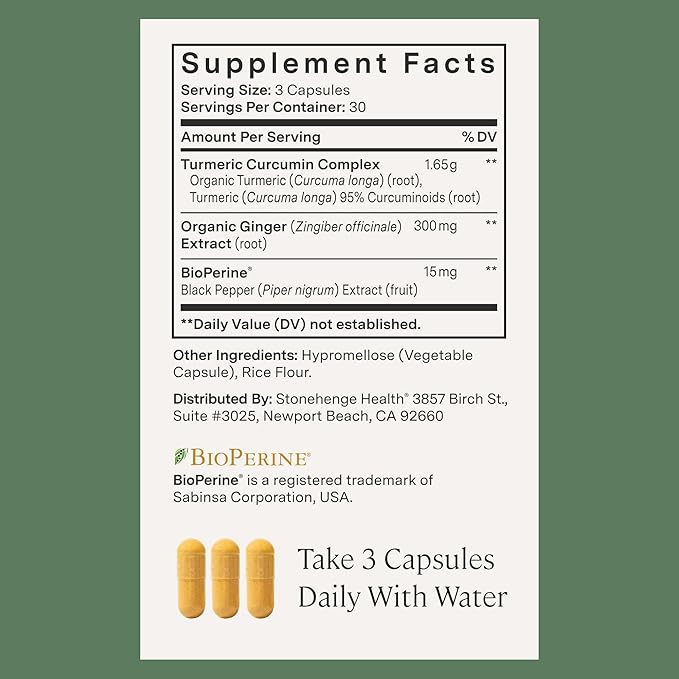 Stonehenge Health Dynamic Turmeric Curcumin with Ginger - High Potency - 1,650 mg Turmeric with 95% Curcuminoids & BioPerine, 90 Vegetarian Capsules