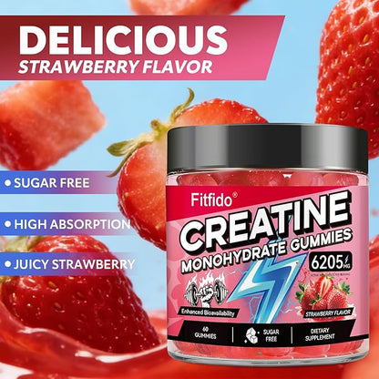 Creatine Monohydrate Gummies for Men & Women - 6205mg per Serving, Containing L-carnitine & Taurine, Post Workout Muscle Recovery, Strength & Energy Boost, Sugar Free & Vegan (60, Strawberry)