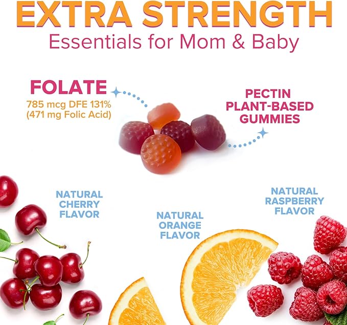 Folic Acid Gummies for Women - Folate 785 mcg Per Serving - Essential Prenatal Vitamins for Mom & Baby, Vegan Folic Supplement Gummy, Daily B9 Vitamin, Before During After Pregnancy - 120 Gummies