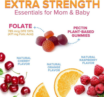 Folic Acid Gummies for Women - Folate 785 mcg Per Serving - Essential Prenatal Vitamins for Mom & Baby, Vegan Folic Supplement Gummy, Daily B9 Vitamin, Before During After Pregnancy - 120 Gummies