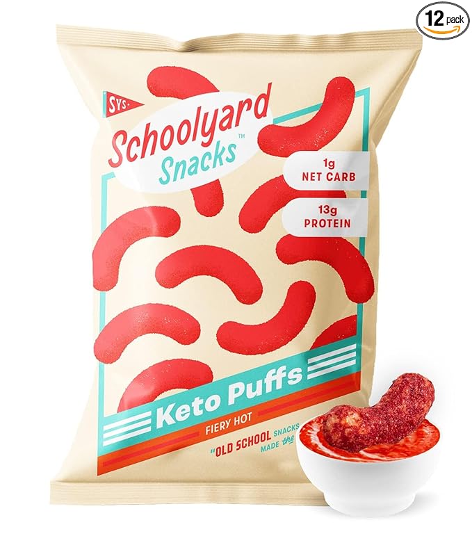 Schoolyard Keto (Fiery Hot) Protein Puffs - Low Carb, Low Sugar, 14g Protein, Gluten Free, High Protein Snack - Healthy, Diabetic Friendly, Low Calorie for kids and Adults | USA Made, (12 Pack)