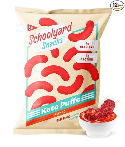 Schoolyard Keto (Fiery Hot) Protein Puffs - Low Carb, Low Sugar, 14g Protein, Gluten Free, High Protein Snack - Healthy, Diabetic Friendly, Low Calorie for kids and Adults | USA Made, (12 Pack)