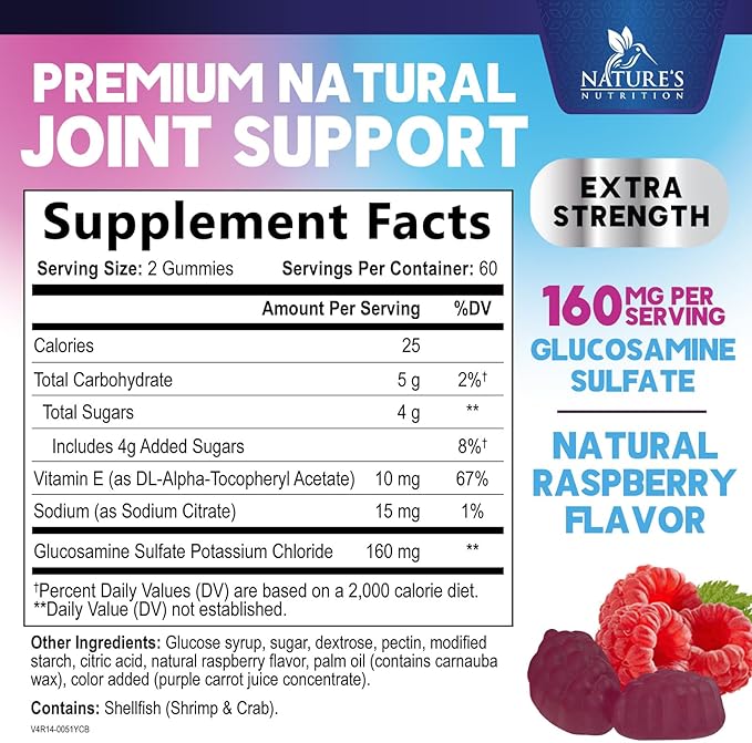 Joint Support Gummies - Glucosamine Plus Vitamin E Nature's Joint Support Supplement for Occasional Discomfort for Back, Knees & Hands - Cartilage & Joint Health & Flexibility Support - 120 Gummies