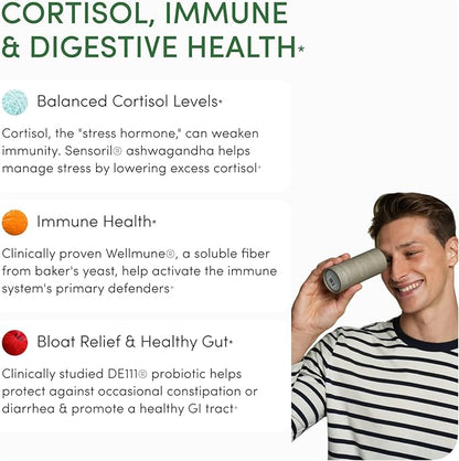 Defend Immune & Gut Support – Spore Probiotic DE111®, Beta Glucan, Ashwagandha – Supports Immunity, Gut Health, Stress & Bloating Relief Supplement – 60 Capsules