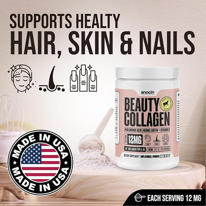 anocin Beauty Collagen Peptides Powder – Hydrolyzed Type I & III, Grass-Fed, Unflavored – Supports Skin, Hair & Nails with Hyaluronic Acid + Vitamin C – Dissolves Easily – 20 g Collagen per Serving