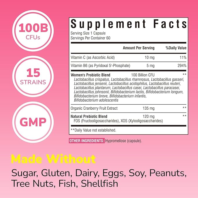 Probiotics for Women 100 Billion CFU 15 Strains, DailyProbiotic & Prebiotic Supplement with Organic Cranberry to SupportVaginal, Digestive, Immune Health, Shelf Stable, 60 Vegan Capsules