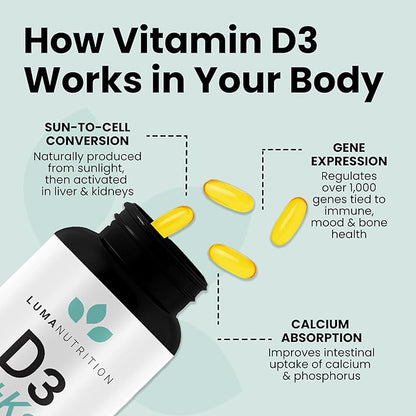 Luma Nutrition D3 + K2 Vitamin 10000 IU - Bone and Heart Health Supplement - Max Strength Immune Support and Calcium Absorption - 60 Softgels