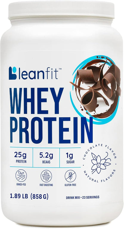 LeanFit® Grass-fed Whey Protein Powder, Natural Chocolate, Gluten-Free, Keto-Friendly & Low-Carb 24g Protein, 23 Servings, 858g (1.89 Pound) Tub