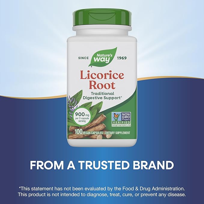 Nature's Way Licorice Root,Traditional Digestive Support Supplement*,900 mg per 2-Capsule Serving,Non-GMO Project Verified,100 Vegan Capsules (Packaging May Vary),(Pack of 2)