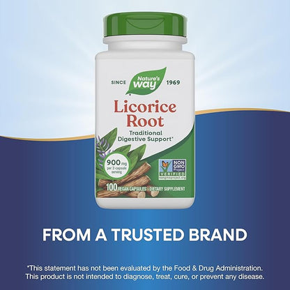 Nature's Way Licorice Root,Traditional Digestive Support Supplement*,900 mg per 2-Capsule Serving,Non-GMO Project Verified,100 Vegan Capsules (Packaging May Vary),(Pack of 2)