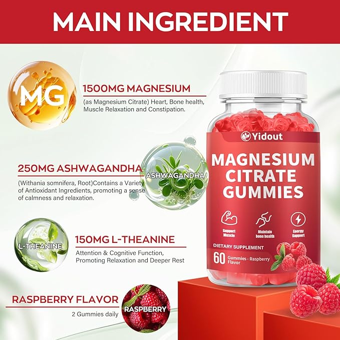 High Absorption Magnesium Gummies for Adults，Magnesium Supplement for Muscle, Nerve, Bone and Heart Support, Vegan, Non-GMO，Raspberry Flavor (60 Count（Pack of 2）)