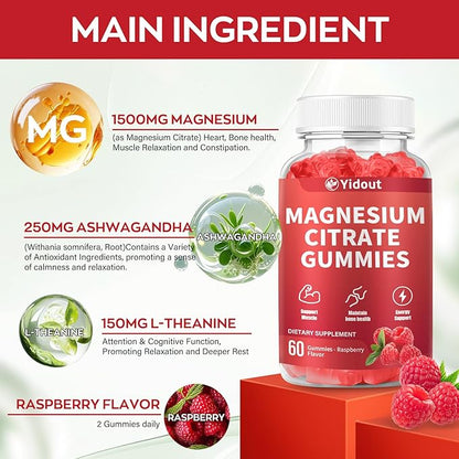 High Absorption Magnesium Gummies for Adults，Magnesium Supplement for Muscle, Nerve, Bone and Heart Support, Vegan, Non-GMO，Raspberry Flavor (60 Count（Pack of 2）)