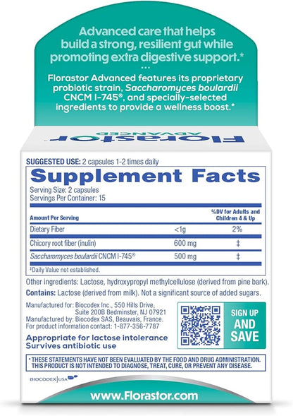 Florastor Select Pro+Pre Daily Probiotic and Prebiotic Supplement for Women and Men, Boosts Good Bacteria, Saccharomyces Boulardii CNCM I-745 (30 Capsules) (Pack of 1)