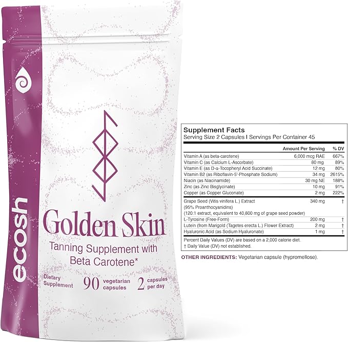 Ecosh Golden Skin Tanning Supplement for Women & Men – Potent Tanning Pills with Beta Carotene, Lutein & L-Tyrosine for Skin Health | Natural Antioxidant Supplement & Tanning Vitamins | 90 Capsules