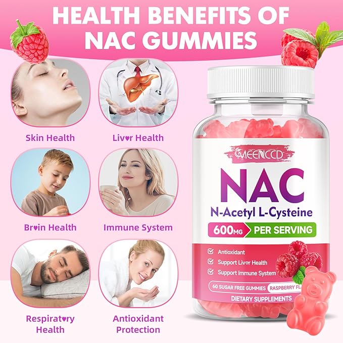 MEENCCD 2 Pack NAC Gummies, N Acetyl Cysteine 600mg NAC Supplement for Antioxidants & Immune Support, Sugar-Free, Raspberry Flavor, 120 Count