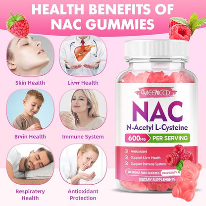 MEENCCD NAC Gummies, N Acetyl Cysteine 600mg, NAC Supplement for Antioxidants & Immune Support, Sugar-Free, Natural Raspberry Flavor, 60 Count