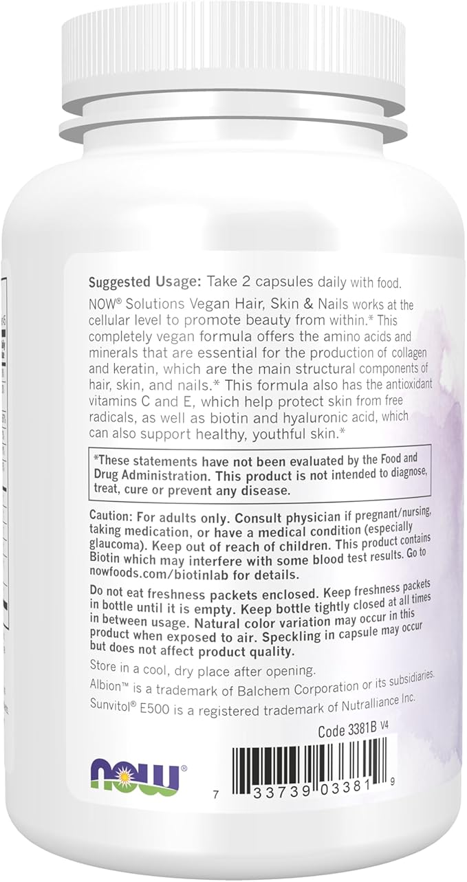 NOW Foods Solutions, Vegan Hair, Skin & Nails, Nutritional Support with 5,000 mcg Biotin, 90 Veg Capsules