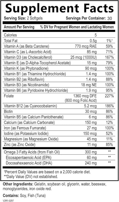 Prenatal Vitamins for Women - Multivitamin with DHA, Folic Acid, Vitamin C, B12, Iron & Omega-3 - Before, During & Post Pregnancy Supplement for Healthy Growth & Brain Development - 60 Softgels