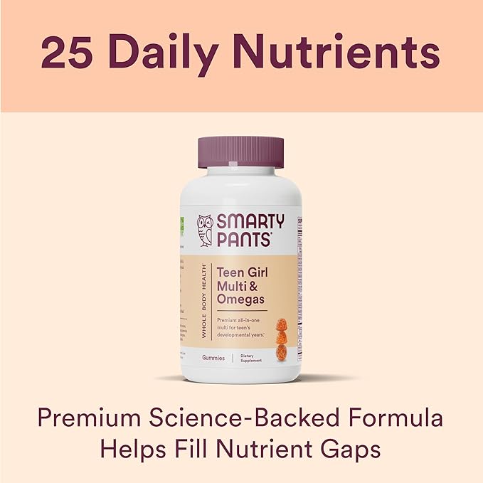 SmartyPants Teen Girl Multivitamin Gummies with Omega-3 Fish Oil (EPA/DHA), Vitamins C, D3, B12, A, K & Zinc, Gluten-Free, Includes Biotin for Hair, Skin & Nails, 120 Count (Pack of 2)