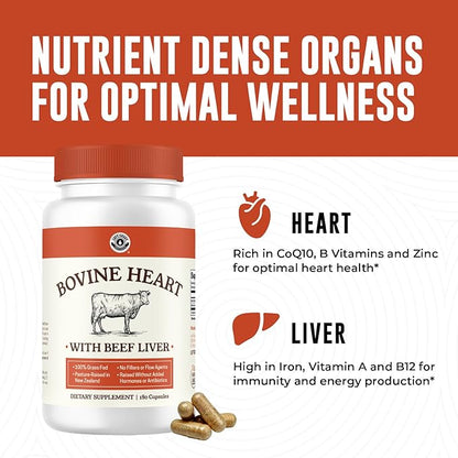 Left Coast Performance Grass Fed Beef Heart and Liver Supplement – Pasture-Raised in New Zealand, No Fillers or Flow Agents – Natural CoQ10 & Iron Support - Beef Organ Supplement – 180 Capsules